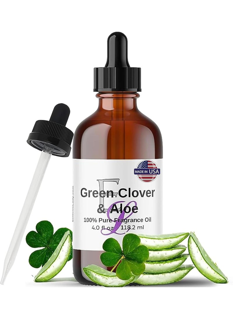 Green Clover & Aloe Fragrance Oil, 4 oz Premium, Long Lasting Diffuser Oils, Nostalgic, Clean & Fresh Essential Oils Reminiscent of Disney World, Relaxing Crisp Green Leaf & Beach Waves Aromatherapy