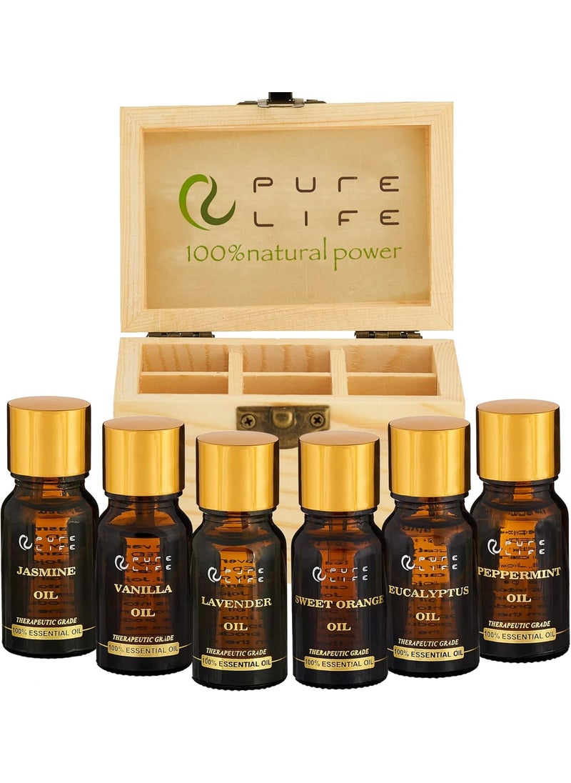 Pure Life Top Essential Oil Set for Diffuser Aromatherapy, 100% Organic Fragrance Oils for Humidifier at Home & Car, Fresh Grade Scents: Lavender, Peppermint, Eucalyptus, Orange, Vanilla & Jasmine.