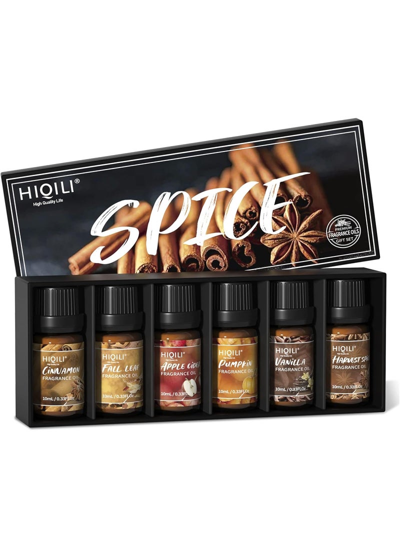 HIQILI Spice Fragrance Oil, Scented Oil 6x10ml for Candle Making Soap Slime, Fall Essential Oils for Diffuser Home, Cinnamon Pumpkin Vanilla Apple Cider Harvest Spice Fall Leaf, Christmas