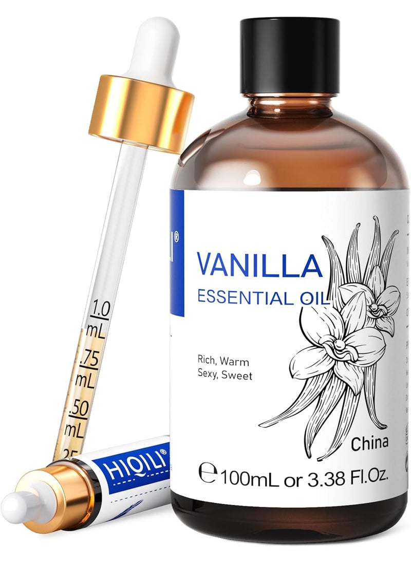 HIQILI Vanilla Essential Oil Undiluted Natural Strong Fragrance Add in Skin Perfume Unscented Lotion Candle Soap Making Scent Relax at Home with Diffuse Warm Sweet Aroma 100ML