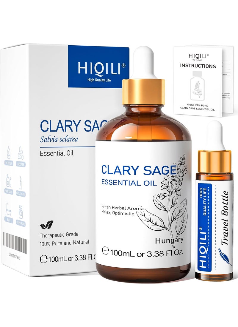 HIQILI Clary Sage Oil Essential, Herbal Sooth Aroma in Diffuse for Anxiety Relief, Meditation, Calming Sleep at Bedtime, Body Massage, Moisturize Skin, DIY Deodorant Spray - 100ML