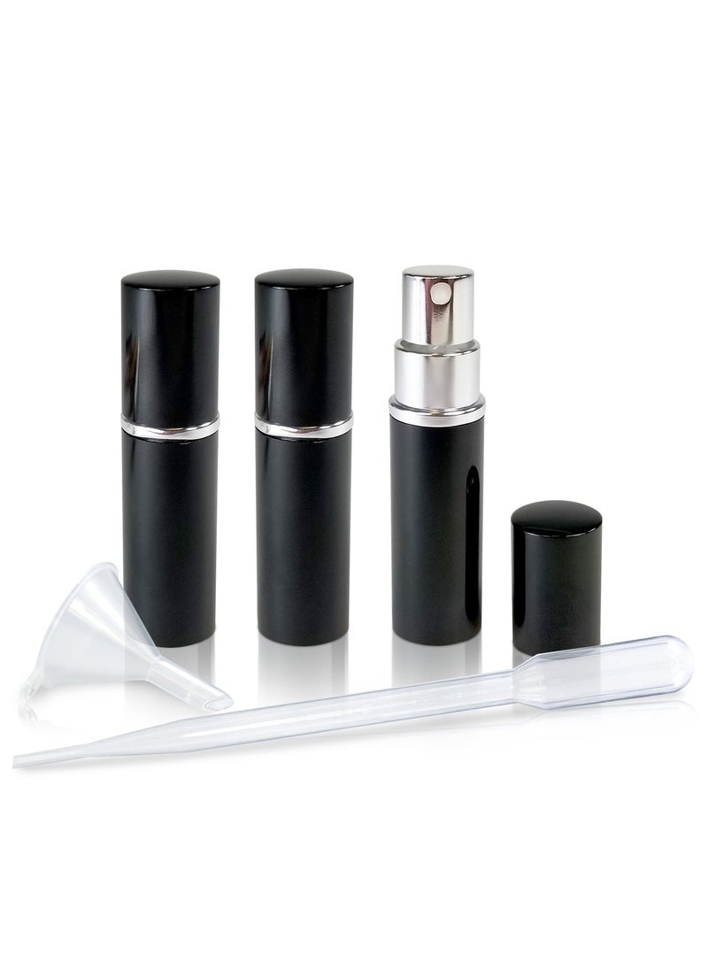Refillable Perfume & Cologne Fine Mist Atomizers with Metallic Exterior & Glass Interior - 5ml Portable Travel Size - 3ml Squeeze Transfer Pipette Included (3 Pack, Black)