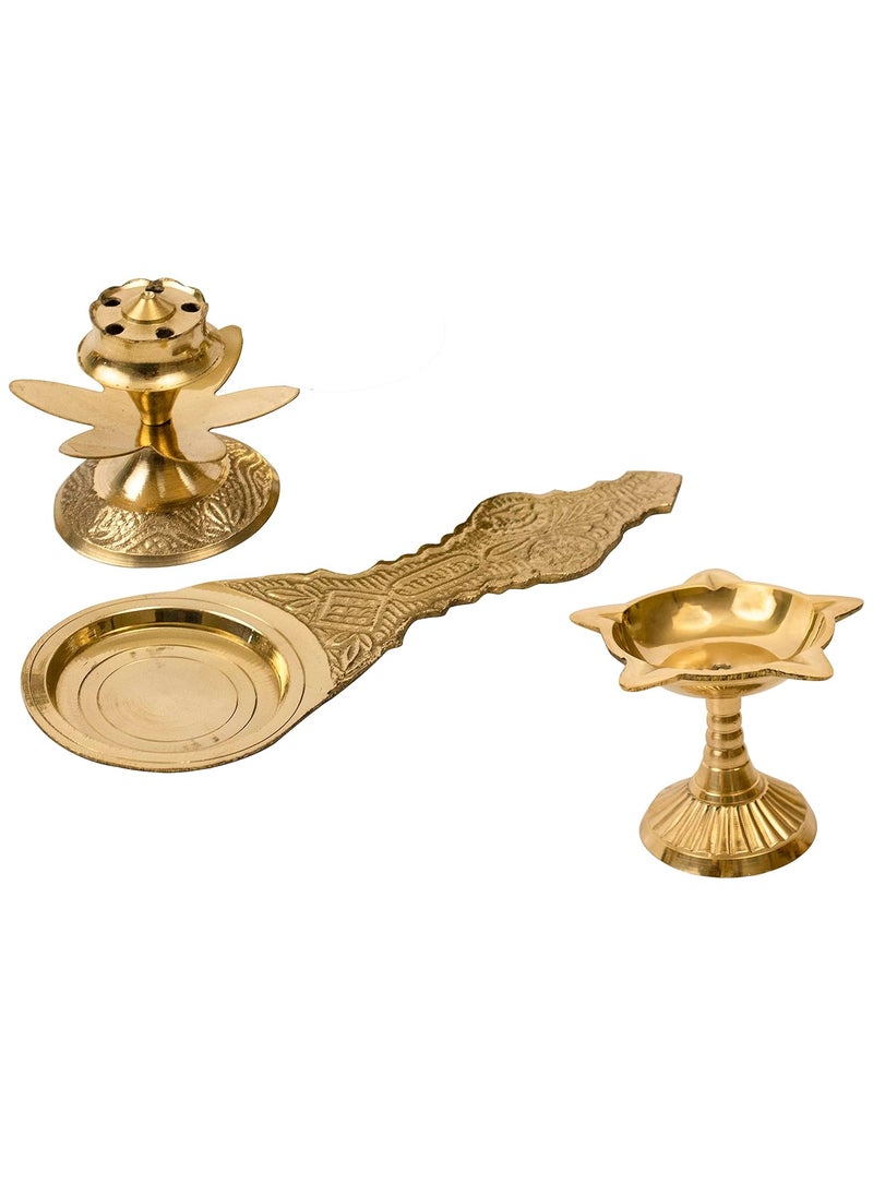 Spillbox Traditional Puja Pooja Combo of Brass Kapoor SpoonKapoor Aarti Combo of Incense Stick Holder Agarbatti Dhoop and Brass Diya for PujaFSDKKD