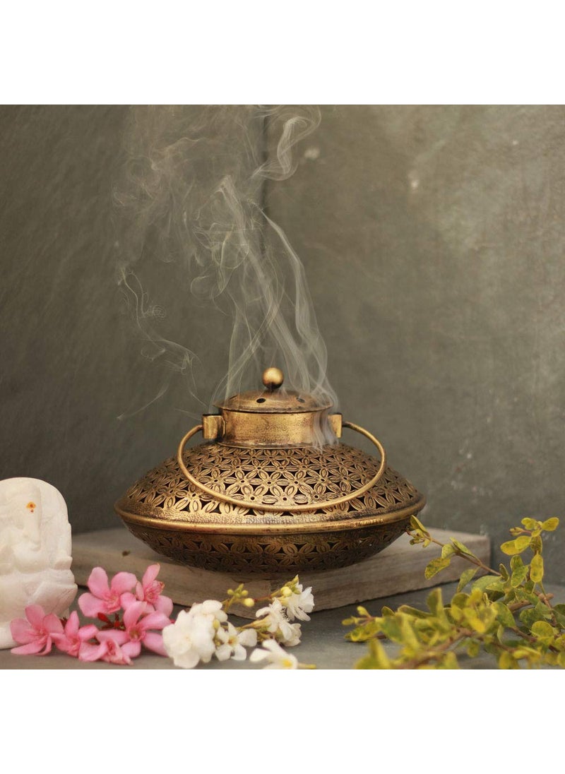 SADHUBELA Antique Degchi Dhoop Dani Pot Vintage Heritage Decor Incense Dhoop Holder Iron Round Antique Finished Golden