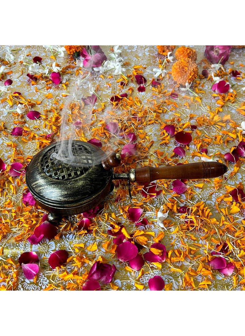 Loban Burner Dhoop Dani Incense Holder with Wooden Handle for Puja and Home Decor 26 cm