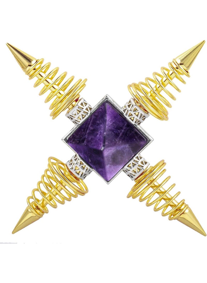 SUNYIK Pyramid Crystal Energy Generator, Healing Chakra Stone Point Conical Spring Four Directions Reiki Balancing Meditation, Amethyst, Gold Plated