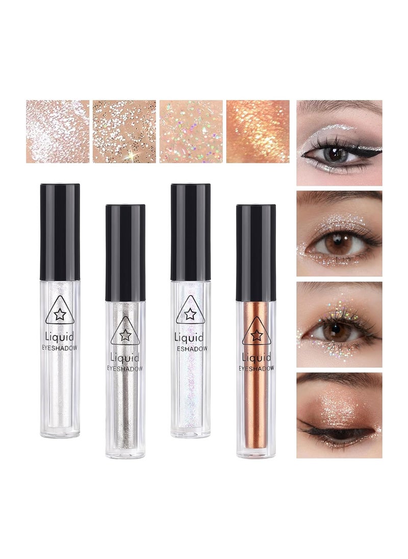 4Pcs Liquid Eyeshadow Eyeliner Kit Set for Korean Makeup, Sparkling Shimmer Metallic Eye Glitter Sequins for Under Eye Tear-Drop Make Up, Quick-Dry Loose Glitter Glue for Crystal Mermaid Looks