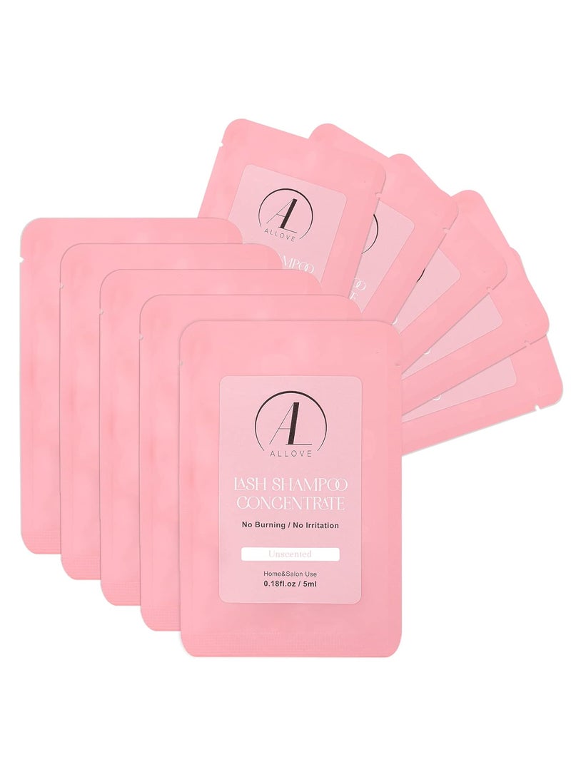 ALLOVE Lash Shampoo Concentrate 5ml*10, Sensitive and Non-irritation Lash Extension Cleanser Shampoo Salon & Home Use - Unscented