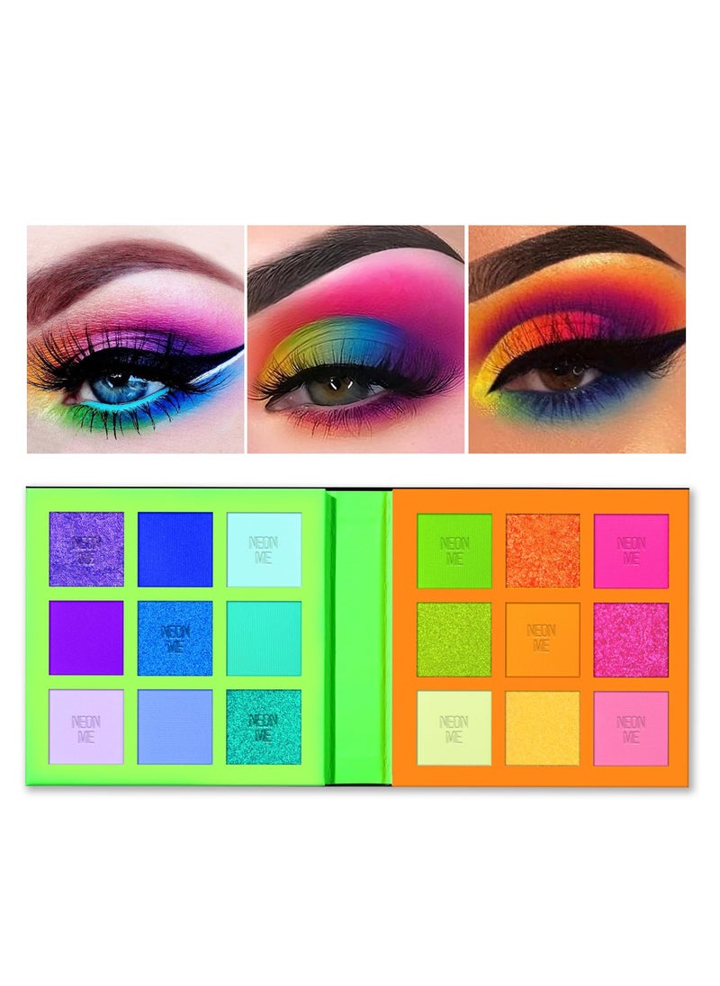 Neonme Eyeshadow Palette, 18 Fluorescent Color Glowing Eyeshadows, Rainbow Purple Blue Green Yellow Pink Eye Shadow Palettes for fun party Popular Eye Makeup, Glitter Matte Shimmer
