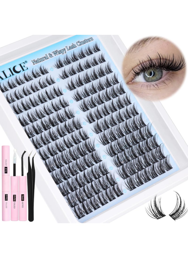 ALICE Natural Lash Clusters Kit Cluster Eyelash Extension Kit Left & Right Fluffy Wispy DIY Lash Extension Kit 144pcs 3D Anime C Curl Eyelash Clusters Kit with Lash Glue Bond and Seal and Tweezers