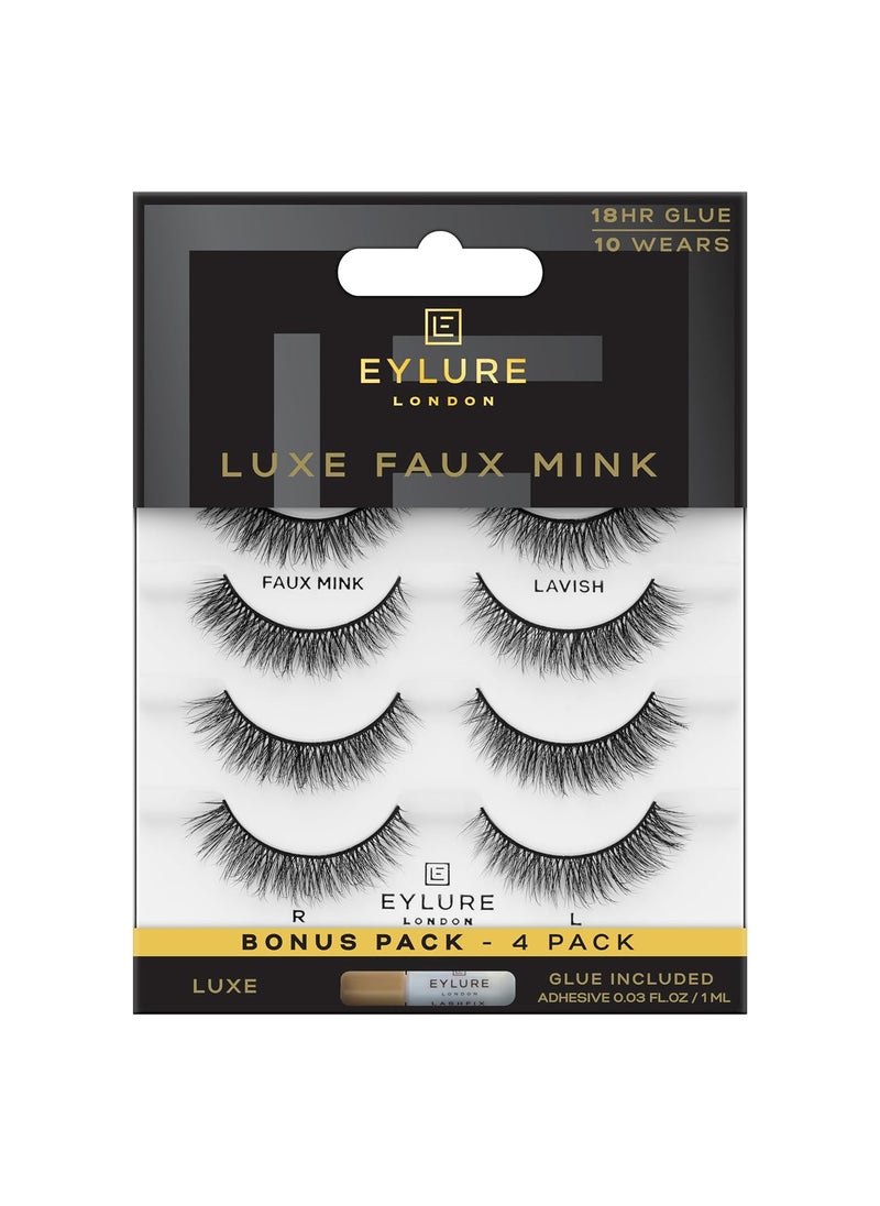 Eylure Luxe Faux Mink False Lashes - Natural Lavish, 4 Pairs Bonus Pack | Glue Included | 10 Wears
