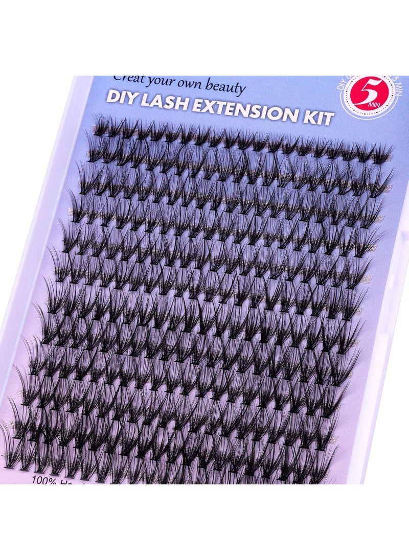 wiwoseo False Eyelashes Cluster Lashes Extensions Fluffy Russian Volume Eye Lashes Individual Eyelashes Kit with Bond and Seal Lash Glue DIY Lash Extensions for Self Application at Home