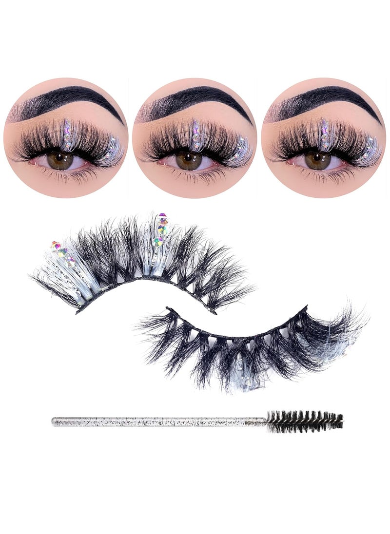 Miss Kiss 1 Pair Lashes with Color White and Rhinestone Silver Glitter Diamond Eyelashes 3D Sparkly Faux Mink False Eyelash Unique Design Manga Fairy Fake Eye Lash 18 MM