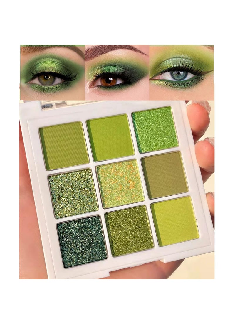 Green Glitter Shimmer Eye Shadow Makeup Palette 9 Colors,Light Bright Emerald Dark Avocado Neon Green Highly Pigmented Matte Glitter Shimmer Pearl Waterproof Party Sparkling Eyeshadow Palette