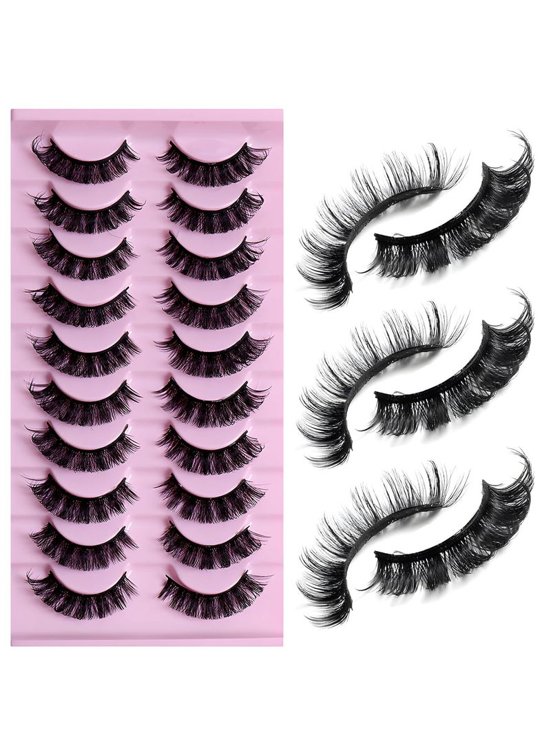 LuckForever 10 Pairs False Eyelashes Russian Strip Eye Lashes Wispy False Lash Fluffy Eyelash Extension Natural Look D Curly Volume Fake Eyelashes Reusable Eyelash Pack for Women Girls