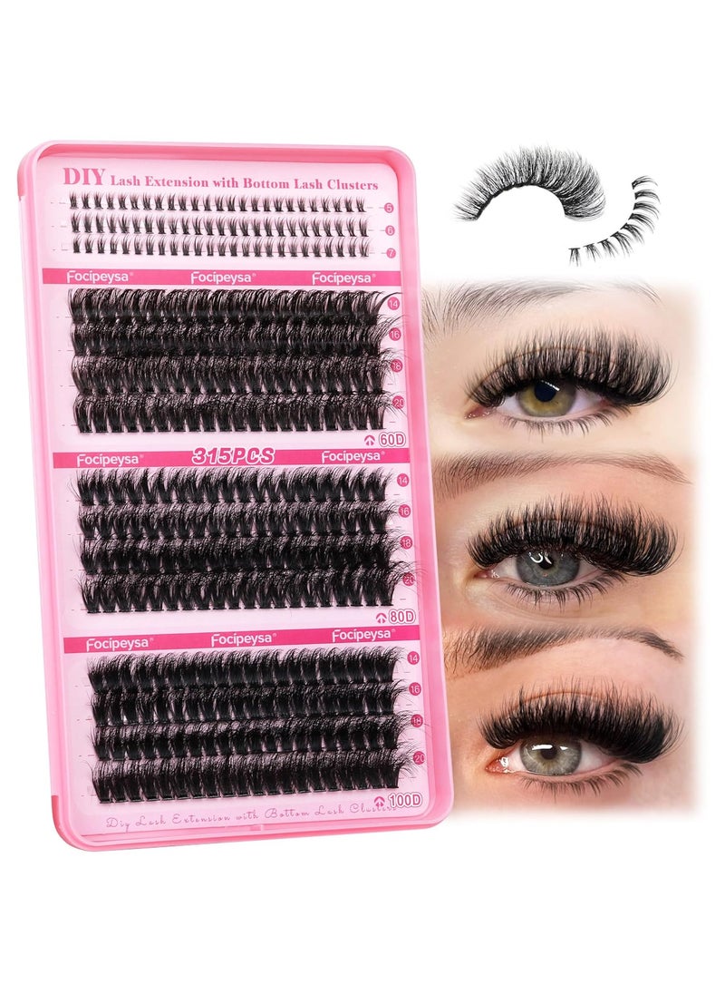 Focipeysa Cluster Eyelash Extensions Fluffy Eyelash Clusters with Bottom Lashes 14-20mm Lash Clusters 315pcs Individual Eyelash DIY Lash Extension for Beginners (60D 80D 100D Mixed)
