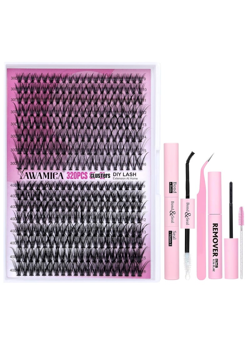 DIY Eyelash Extension Kit 320pcs Individual Lashes Cluster, 9-16mm Mix 30D 40D with Lash Bond and Seal and Remover Lash Applicator for Beginners