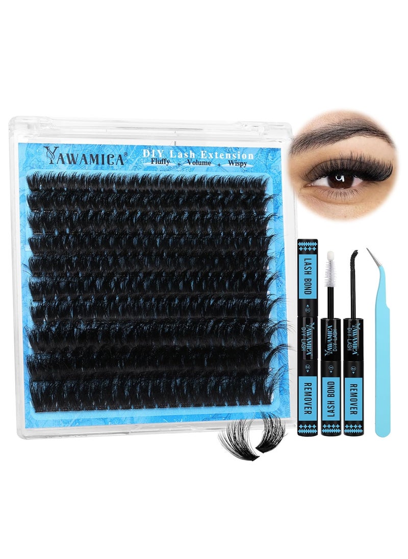 Yawamica Lash Clusters Kit Fluffy Volume Cluster Eyelash Extensions Kit 200D 10-20mm DIY Lash Extension Kit with Lash bond and Lash Remover and Lash Applicator for DIY Lash (200D-10-20MM Kit), Black