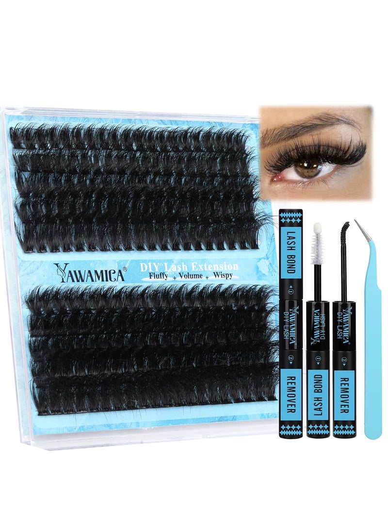 Yawamica Lash Extension Kit Fluffy 150D+200D Lash Clusters Eyelash Extension Kit 12-20mm Individual Lashes with Lash Bond, Lash Remover, Lash Applicator for DIY Lashes Extension(150D+200D-12-20MM Kit)