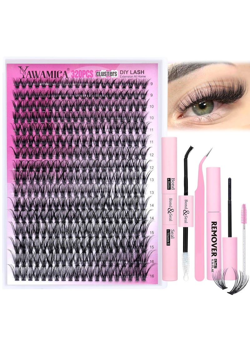 Eyelash Extension Kit 320pcs Lash Clusters D Curl 9-16mm Mix 40D Individual Lashes with Lash Bond and Seal and Remover Lash Applicator for Lash Extension Beginners