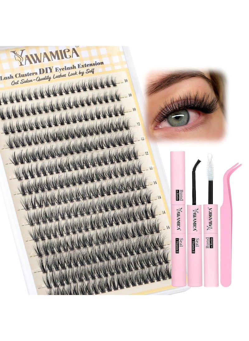 Yawamica Lash Clusters Kit Natural Lash Extension Kit Wispy Eyelash Clusters 10-16mm Fluffy Cluster Eyelash Extensions C Curl Individual Lashes 280pcs with Bond and Seal Lash Tweezers DIY Lash by Self