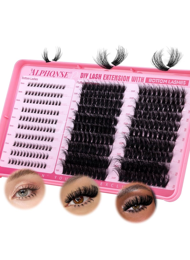 Fluffy Lash Clusters with Bottom Lashes Cluster Eyelash Extensions Thick Volume Individual Lashes 320pcs ALPHONSE Lash Extension Clusters for Beginners (150D+200D, 12-20mm)