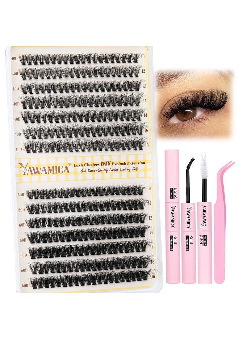 Yawamica Lash Extension Kit Fluffy Eyelash Clusters Wispy Lash Clusters Kit 10-16mm Clusters Eyelash Extensions Kit 40D 60D Mix Individual Lashes 280pcs with Bond and Seal Lash Tweezers DIY Lash