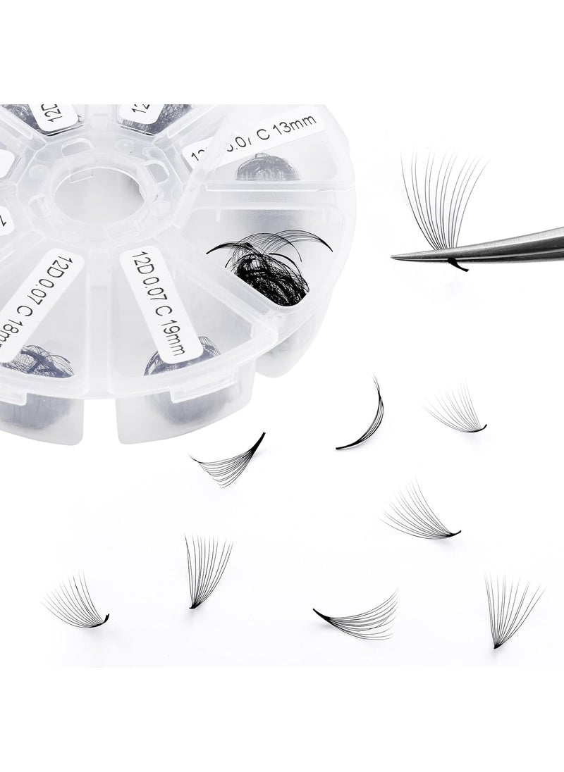 Volume Lash Extensions 12D Premade Fans Eyelash Extensions 500 PCS 0.07mm Thickness 9-16mm Mixed C/D Curl Short Stem Premade Volume Eyelash Extensions Pointed Base Fans by WENDY LASHES (500PCS-12D-0.07-C, 13-20mm Mixed Tray)