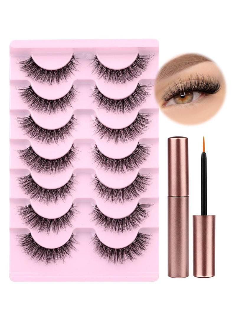 wiwoseo Natural Wispy Fluffy Lashes with Glue Cat Eyes Mink Lashes Clear Band Eyelashes with Glue Kit Russian Strip Lashes Natural Look False Eyelashes Extension Strip Lashes D Curly 7 Pairs Pack
