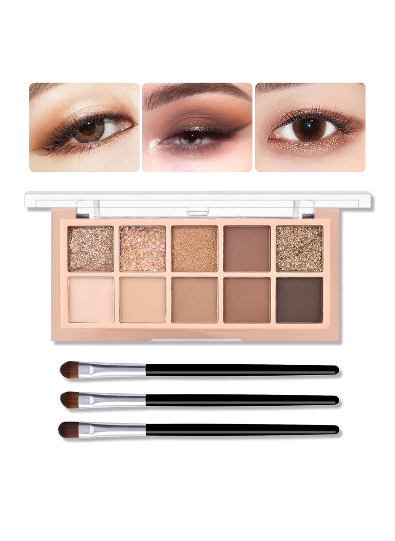KYDA 10 Colors Brown Glow Eyeshadow Palette, High Pigmented Nude Brown Matte Eyeshadow, Shimmer Bronzer Rose Gold Eyes Colors, Champagne Glitters Eyeshadow Palette, Warm Brown Eye Shadow Makeup