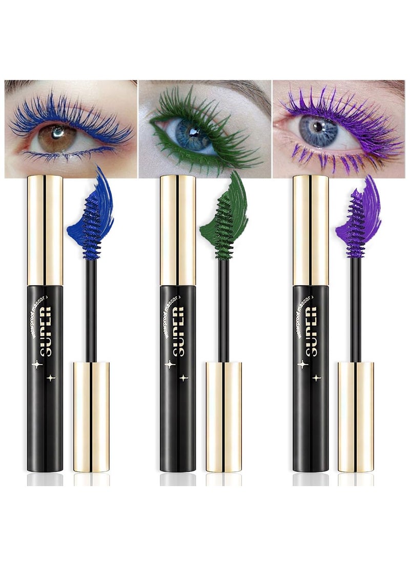 Colored Colorful Waterproof Mascara for Eyelashes Set,Blue White Black Brown Purple Long lasting Charming Voluminous Cruelty Free Vegan Eye Makeup (A-3Pcs 02#Blue&04#Green&08#Purple, A)