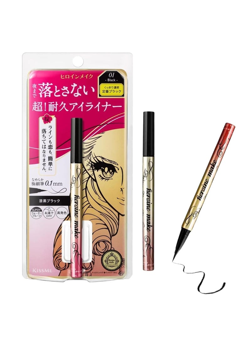 Heroine Make by KISSME Prime Liquid Waterproof Eyeliner for Woman and Sensitive Eyes, Long-lasting & Ultra Thin Tip for Precise Japanese Eye Makeup 01 Jet Black 0.4mL/0.01 Fl Oz