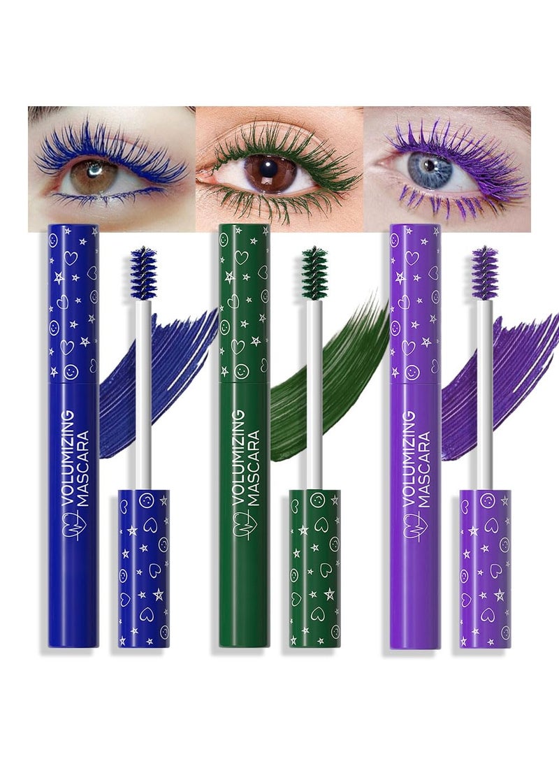 Colored Mascara for Eyelashes Set,Colorful Waterproof Mascara for eyelashes Long lasting Charming Voluminous Mascara for Women Halloween Eye Makeup (3Pcs 01#Blue&06#Green&08#Purple, F)