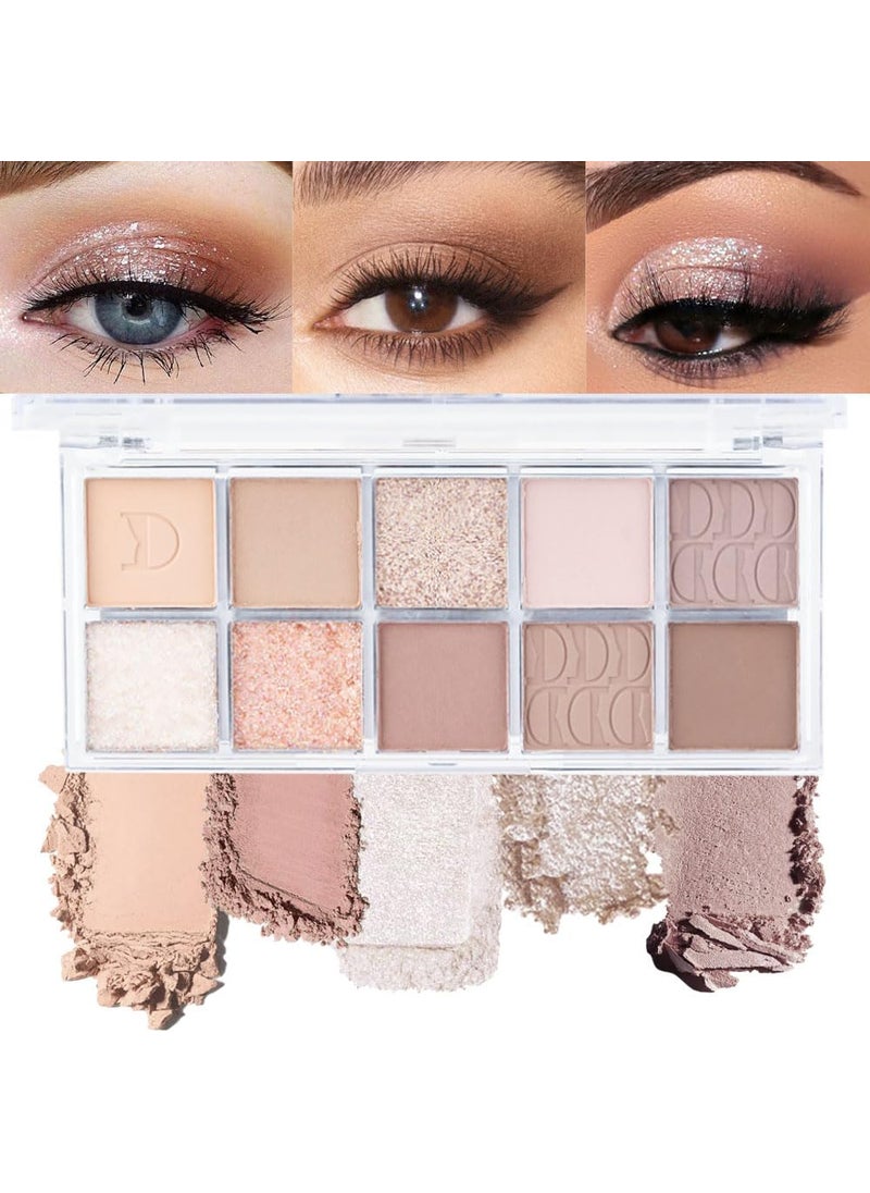 10Colors Light Brown Nude Silver Eyeshadow Palette Makeup,Natural Neutral Highly Pigmented Eye Shadow,Naturing-Looking Long Lasting Waterproof Blendable Hypoallergenic Suitable for Beginners