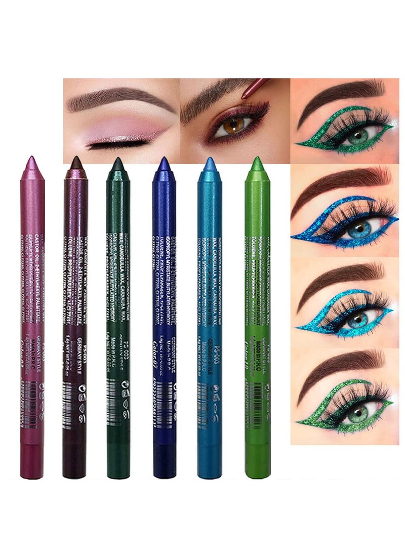 evpct 6Pcs Blue Colored Glitter Eyeliner Pencils Set delineadores de colores para ojos ojos contra el agua Dark Light Blue Green Purple Red Pink Metallic Colorful Liquid Eye Liner Set Women Waterproof