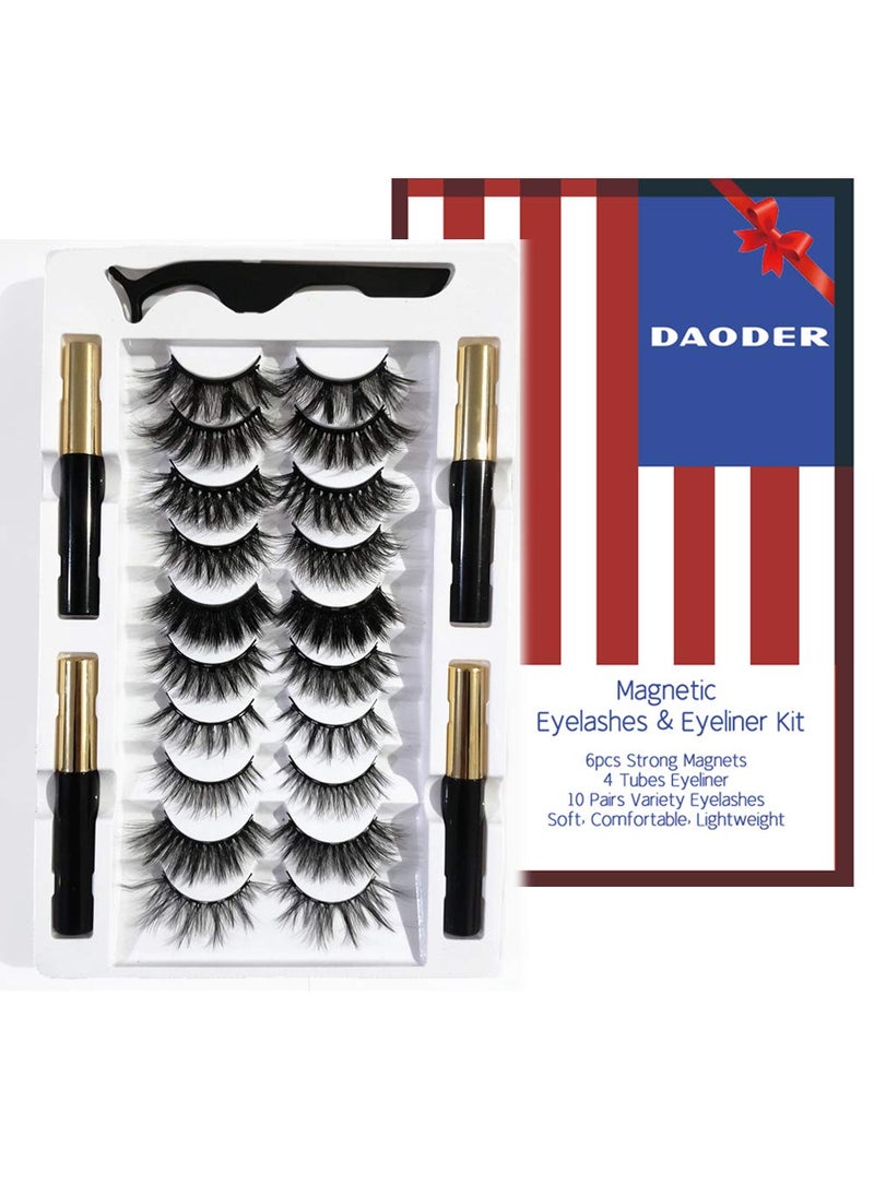 DAODER Wispy Magnetic Eyelashes Natural Magnetic Lashes Dramatic Magnetic False Eyelashes long with 4 Magnetic Eyeliner Kit 10 Various Magnetic Fake Eyelashes Strip with 6 Magnets Reusable