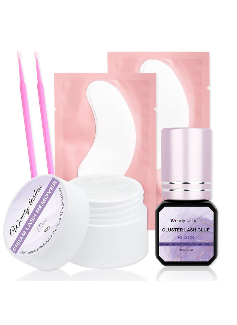 Lash Cluster Glue and Lash Remover Kit DIY Lash Extension Cluster Lash Strong Clear Lash Glue and Remover Kit Mild and Safe Cream Eyelash Remover No Residual Fast Remover Kit(Lash Glue/Remover Kit)
