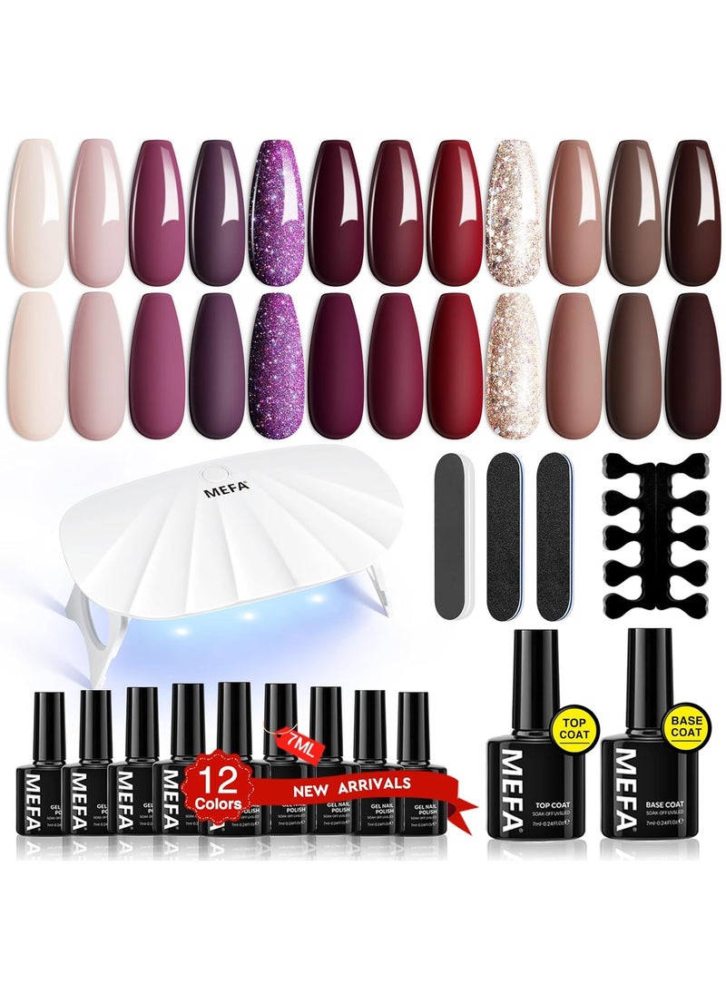 MEFA 19 Pcs Gel Nail Polish Kit with U V Light, 12 Colors Gel Nail Polish Set with Base Top Coat Burgundy Red Champagne Gold Gel Soak Off Purple Manicure Tools Beginners Salon Art DIY for Women