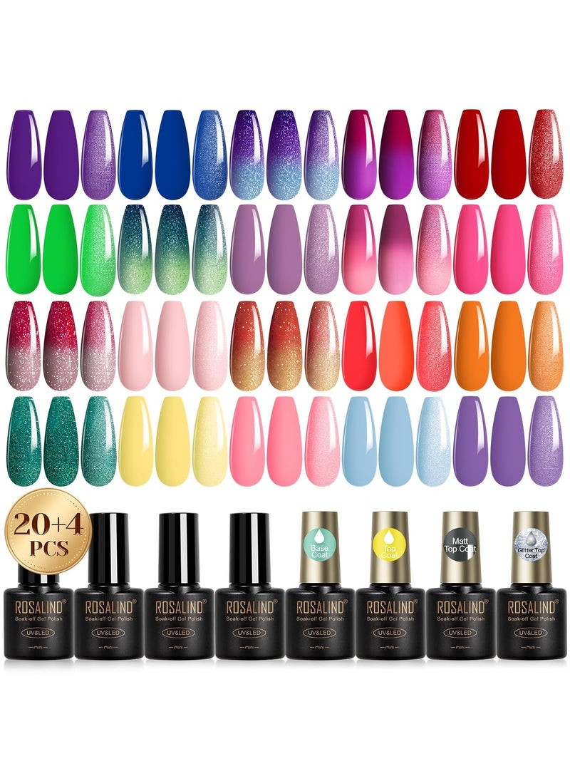 ROSALIND 24Pcs Color Changing Gel Nail Polish Set with Glitter Glossy Matte Top Coat Base Coat, 20 Colors Red Yellow Ombre Purple Temperature Change Gel Polish Nail Art