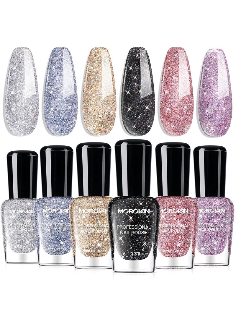 Morovan Glitter Nail Polish Set: Quick Dry Nail Polish Kit Sparkle Gold Silver Black Sparkly Fingernail Bulk Flash Diamond Regular Manicure Gifts for Women
