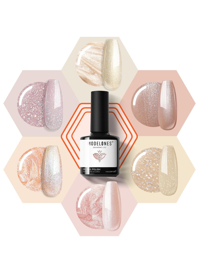 modelones Gel Nail Polish Set, Nude 6 Colors Neutral Gel Polish Skin Tone Pink Glitter Nail Polish Shimmery Pear Gel Polish Starter Kit Soak Off All Season Nude Gel Nail Polish LED Manicure DIY Salon