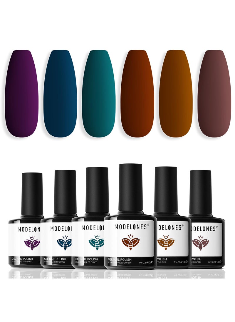 modelones Gel Nail Polish Set 6 Dark Colors, Morandi Shades Wine Purple Prussian Blue Brown Gel Polish High Pigmented Nail Art Kit Soak Off Manicure at Home DIY Women Girl Gift