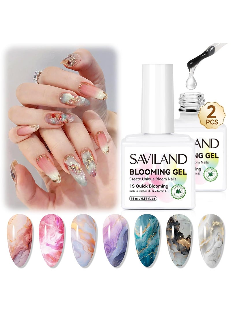SAVILAND 30 ML Blooming Gel Nail Polish: 1-Second Quick Blooming Gel 2PCS Natural Castor Oil VE Marble Watercolor Gel Polish for Unique Bloom Nail Design Spreading Effect U V LED Manicure Salon Home