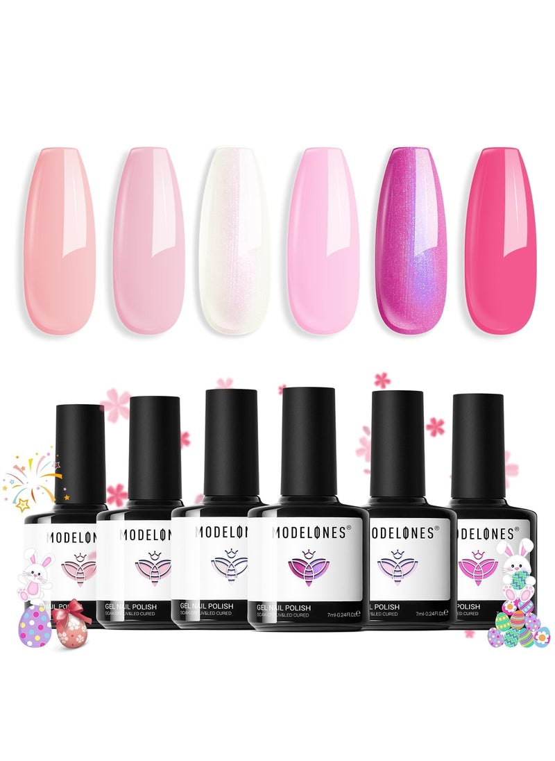modelones Pink Gel Nail Polish, 6 Colors Hema Free Gel Polish Set Hot Pink Tones Gittler Nude White Nail Polish Soak Off Led DIY Spring Easter Nail Art for Women Girl