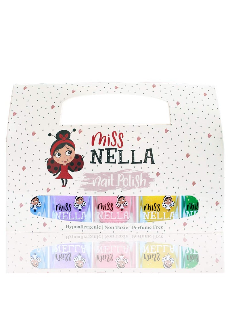 MISS NELLA SPRING IT ON 5 Varnish Pack- Blue Bell- blue, Butterfly Wings- lilac, Cheeky Bunny- pink, Honey Twinkles- yellow, Kiss The Frog- green, Peel Off kids nail polish