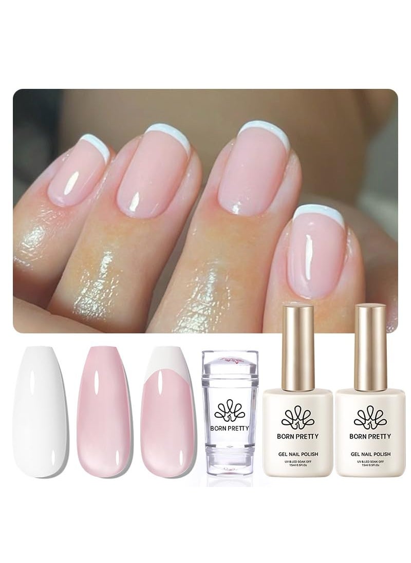 Born Pretty French Manicure Kit,Nail Stamper and 2Pcs Gel Nail Polish,Include Jelly Milky Pink White Colors for French Tip