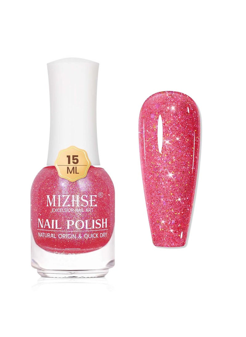 MIZHSE Quick Dry Nail Polish, Shimmery Hot Pink Nail Polish Air Dry Fast, 15ml/0.5 fl oz Regular Sparkle Shiny Water-based Glitter Nail Lacquer Non Gel Full Coverage Nail Art Manicure Home