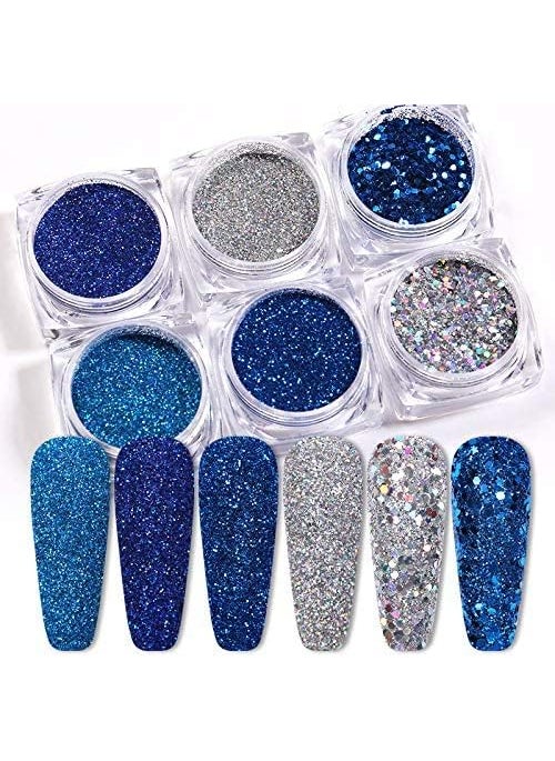 6 Boxes Holographic Nails Glitter Powder Nail Art Supplies Metallic Shining Flakes Blue Silver Nail Glitter Set for Nails Art Decoration