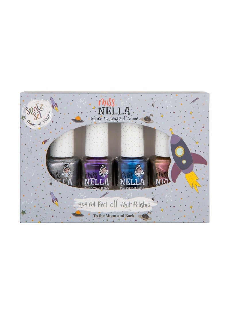 MISS NELLA SPACE COLLECTION Metallic Nail Polish for kids, set of 4 varnishes: silver, bronze, purple & blue, Peel- Off varnish for toddlers