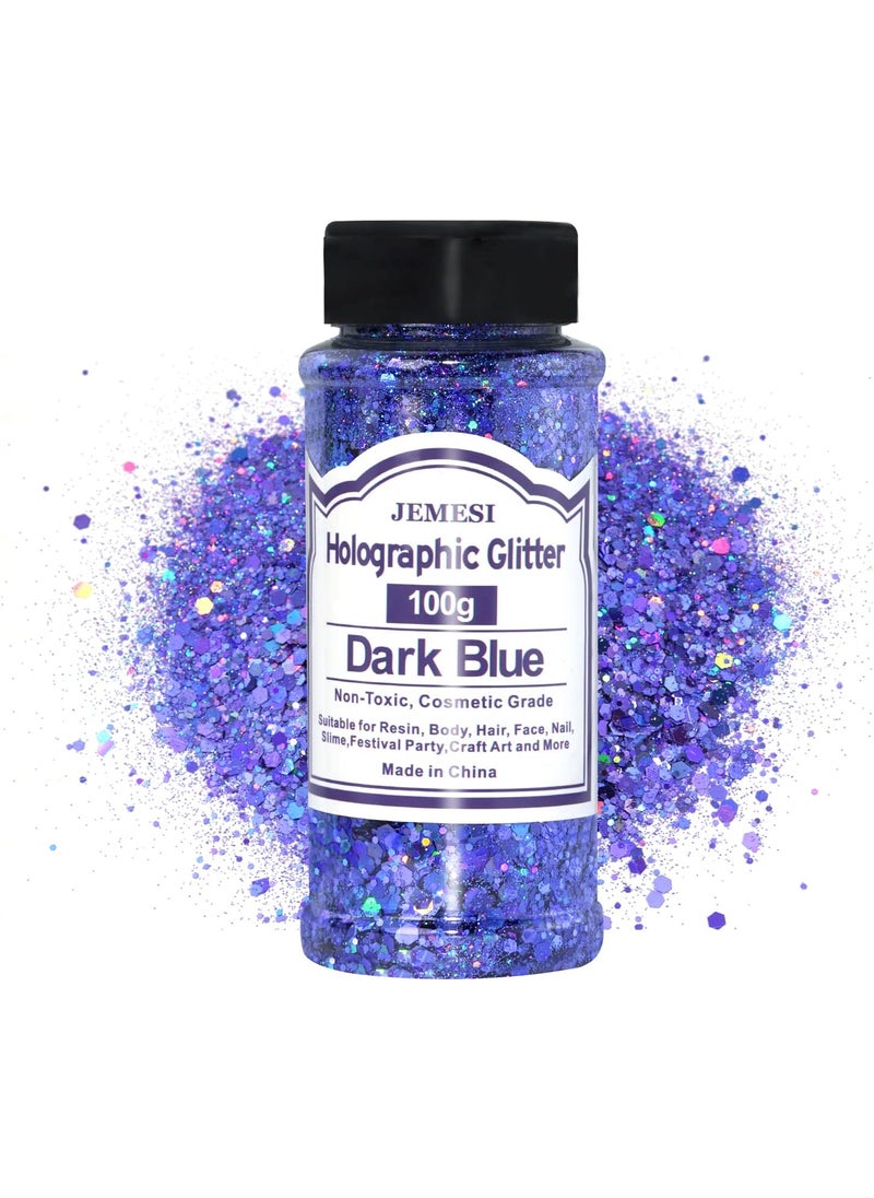 Holographic Chunky Glitter, 100g Dark Blue Cosmetic Craft Glitter for Epoxy Resin, Nail Sequins Iridescent Flakes, Body, Face, Hair, Nail, Glitter Slime Making